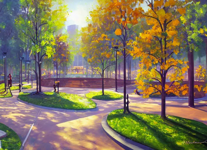 Prompt: bright beautiful oil painting of a futuristic city park by Alexander Labas
