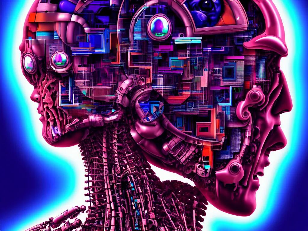 Image similar to degeneration of the human, robots inside the head, distopic, cyberpunk, sci - fi, 7 0 s colors, photorealistic, ultra detailed, 4 k