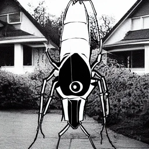 Image similar to 1 9 9 3, disposable camera, flash, giant insect alien chasing people in suburbia