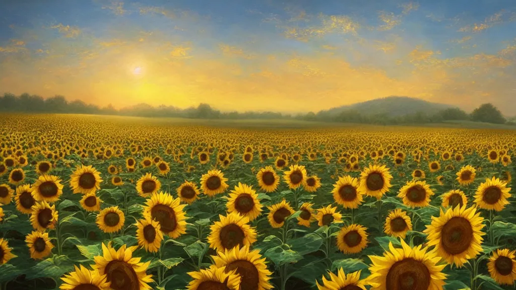 Prompt: beautiful stunning inspiring painting of a calm peaceful sunflower field landscape at sunrise, warm lighting, fantasy, concept art, unreal engine, hyperrealism, trending on artstation