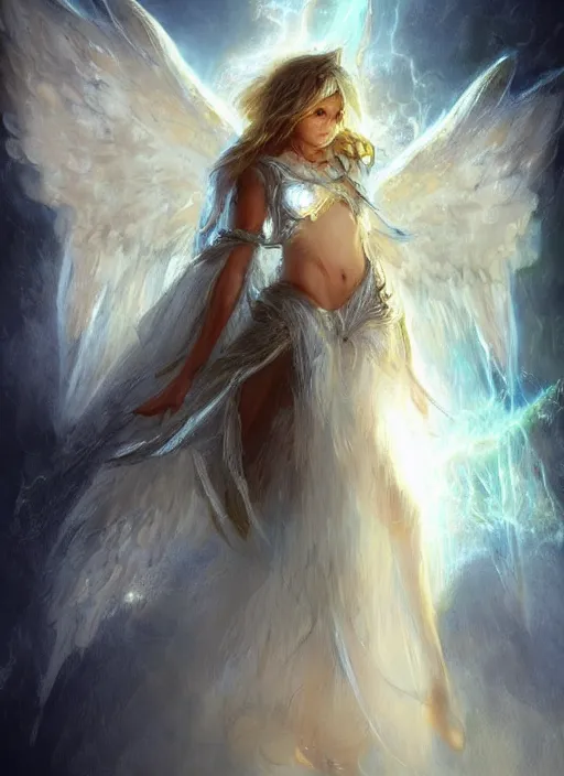 Image similar to concept art, angel knight girl. by artstation trending, by joseph mallord william turner, luis royo, konstantin razumov, cinematic lighting, fractal flame, highly detailed