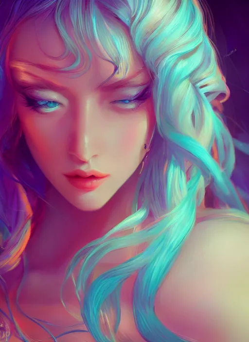 Image similar to beautiful girl with long turqoise hair, cute, intricate, highly detailed, digital painting, trending on artstation, concept art, smooth, sharp focus, backlit, rim light, vivid colors, illustration, unreal engine 5, 8 k, art by rossdraws