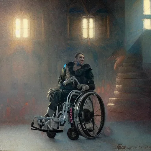 Image similar to handsome portrait of a wheelchair guy fitness posing, radiant light, caustics, war hero, playing wheelchair basketball, by gaston bussiere, bayard wu, greg rutkowski, giger, maxim verehin