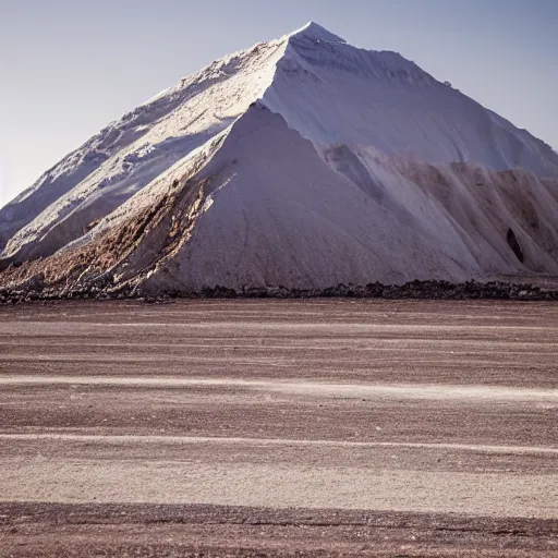 Image similar to mound of salt shaped mount everest, cracked desert background. somber. haunting. 40mm lens, shallow depth of field, split lighting