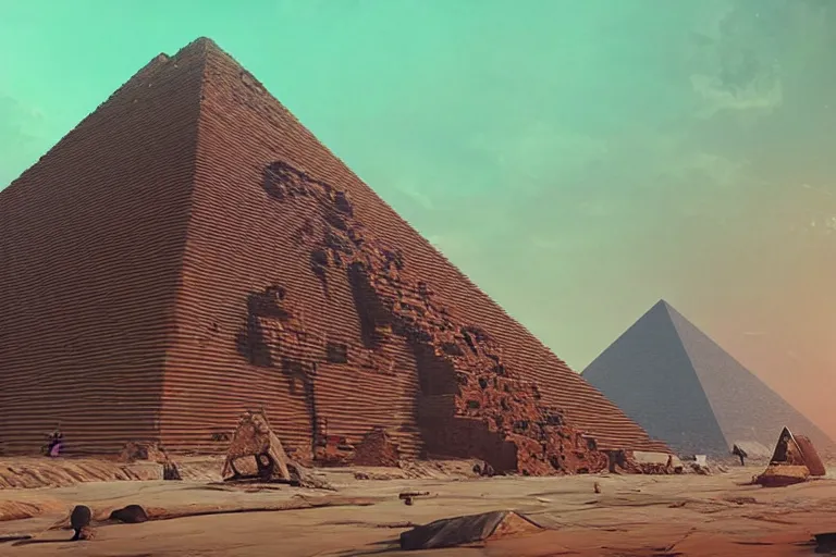 Image similar to ancient pyramids, cyberpunk art by mike winkelmann, trending on cgsociety, retrofuturism, reimagined by industrial light and magic, darksynth, sci - fi