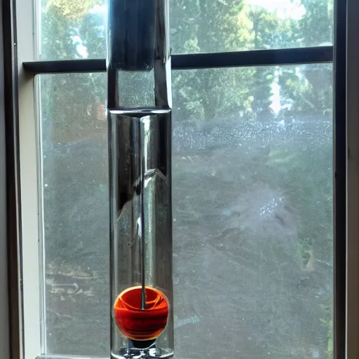 Prompt: new glass water pipe, on a wooden table, window to the left