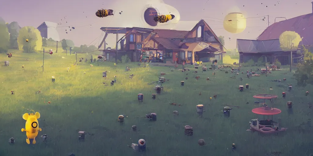 Image similar to honey bee world and hives by Goro Fujita and Simon Stalenhag , 8k, trending on artstation, hyper detailed, cinematic