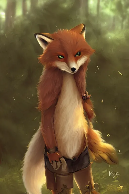 Prompt: an anthropomorphic medieval fox with a fluffy tail in the forest, trending on artstation, trending on furaffinity, digital art, by kawacy, anime, furry art, warm light, backlighting