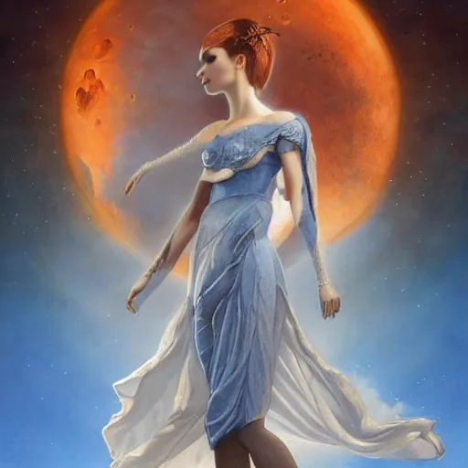 Prompt: full body portrait of beautiful goddess of mars theme inspired wearing blue and white carved details moving dress, she is floating in the air, planet mars in the background, open sky, mystical, orange fog, circle forms, iper realistic, cinematic light, paint on canvas, art by tom bagshaw - - height 7 0 4