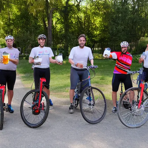 Prompt: bicycle crew with large beers in hand