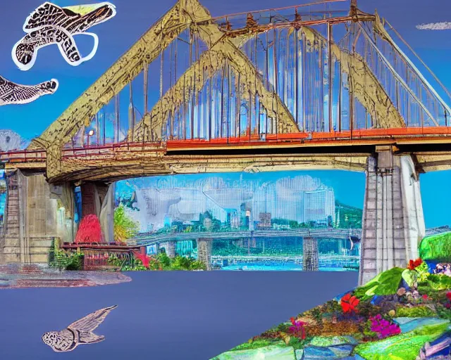 Image similar to detailed bridge with unexpected maximalist elements. 8x HD mixed media 3D collage in the style of a childbook illustration in soft natural tones. matte background no frame HD