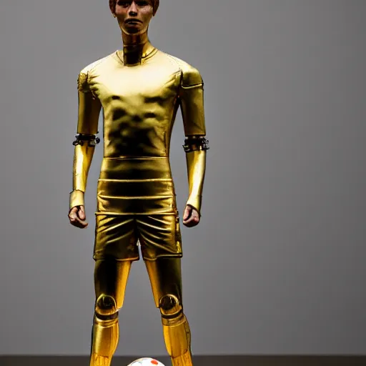 Prompt: a realistic detailed photo of a guy who is an attractive humanoid who is half robot and half humanoid, who is a male android, soccer players martin ødegaard, shiny skin, posing like a statue, blank stare, in a museum, on display, showing off his muscles, gold soccer shorts, no jersey, ground view, ceramic statue