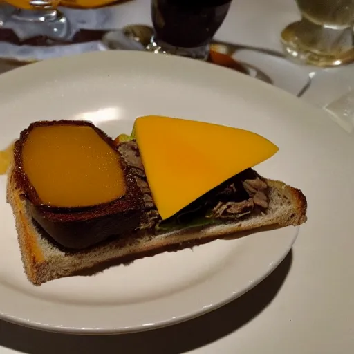 Prompt: sandwich with foie gras and honey and mango, amateur photo