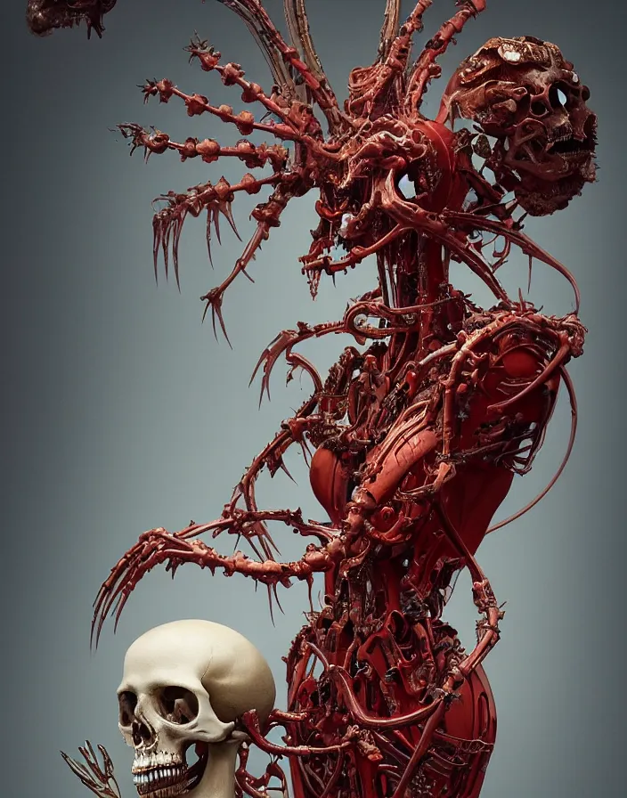 Prompt: red biomechanical wear dress of a demon by Roberto Ferri. beautiful woman. skulls, bones, birds, vintage bulb. white plastic. gold baroque elements, human skull, jellyfish, butterfly, phoenix head. burning wax. intricate artwork by Tooth Wu and wlop and beeple and dan mumford and greg rutkowski and nekroxiii. halo. octane render, cinematic, hyper realism, octane render, 8k, depth of field, bokeh. iridescent accents. vibrant. teal and gold and red colour scheme