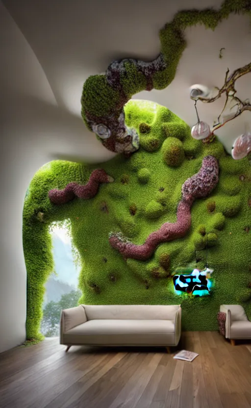 Image similar to highly detailed villa natural beautiful light interior soft cinematic composition of a smooth ceramic porcelain biomorphic magnolia stone nebula fluid sci - fi surreal colorful architecture landscape, furniture, granite, trees, marble, moss, lichen, fungi, vincent callebaut composition, mamou - mani, archviz, 8 k, unreal engine, hdr