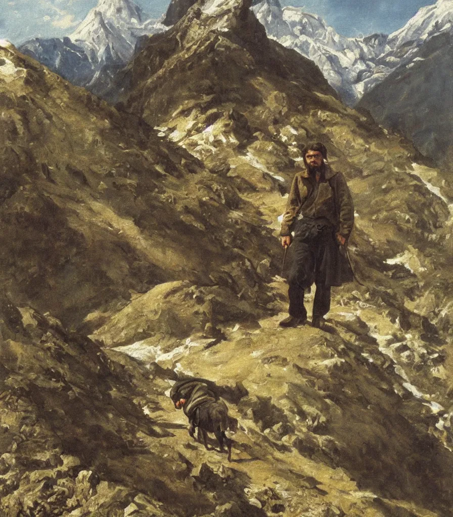 Prompt: Che Guevara wandering aimless arround in the austrian alps. Detailed oil painting by Franz Defregger.