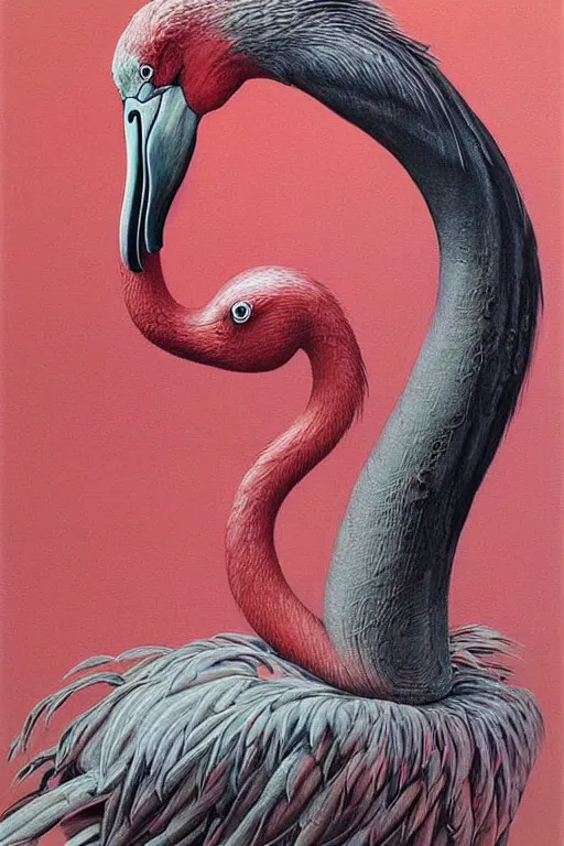 Prompt: hyper realistic painting of a flamingo by wayne barlowe, beksinski, hr giger, austin osman spare, bussiere