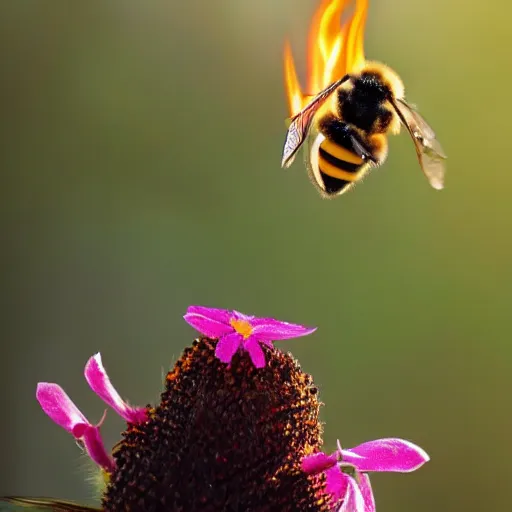 Image similar to a bee landing on a burning flower, the forest is on fire, there is fire everywhere, beautiful macro photography, perfect focus, nice composition