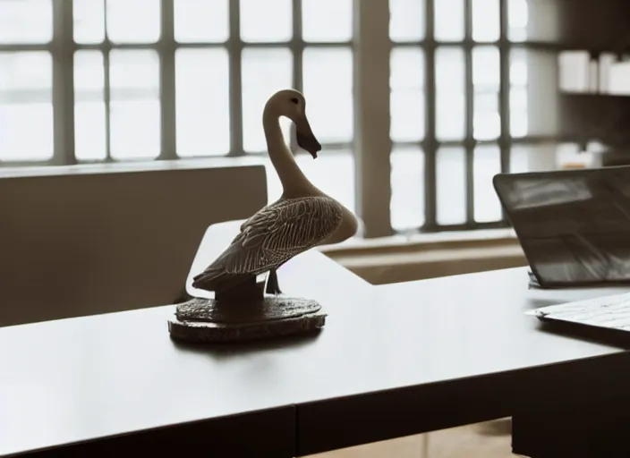 Prompt: a goose on top of a desk at an office, photorealistic