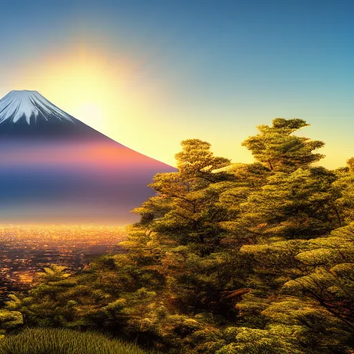 Prompt: mt fuji with the sun in the background, photorealistic, ultra - detailed, 4 k high resolution, hdr shot, vray rendering