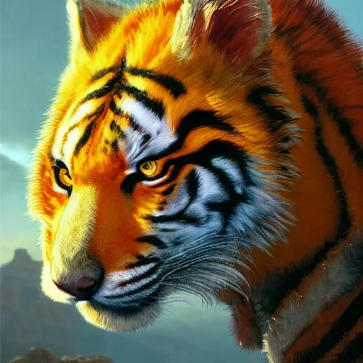 Image similar to Red Tiger Tiger Fox Beast Chimera Hybrid collar wearing feather crest paws tail eyes furry fuzzy standing atop grand canyon greg rutkowski greg danton tony sart raymond swanland chris foss chris cold christophe norman rockwell young acrylic 4k artstation wikiart wikipedia realism tilt-shift aspca national geographic