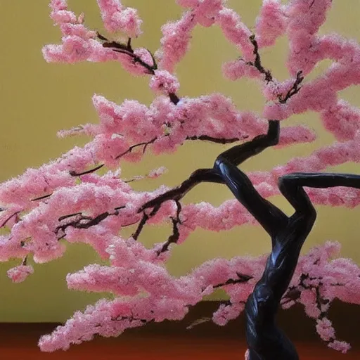 Image similar to a sculpture of sakura tree on the table, hyperrealism oil painting