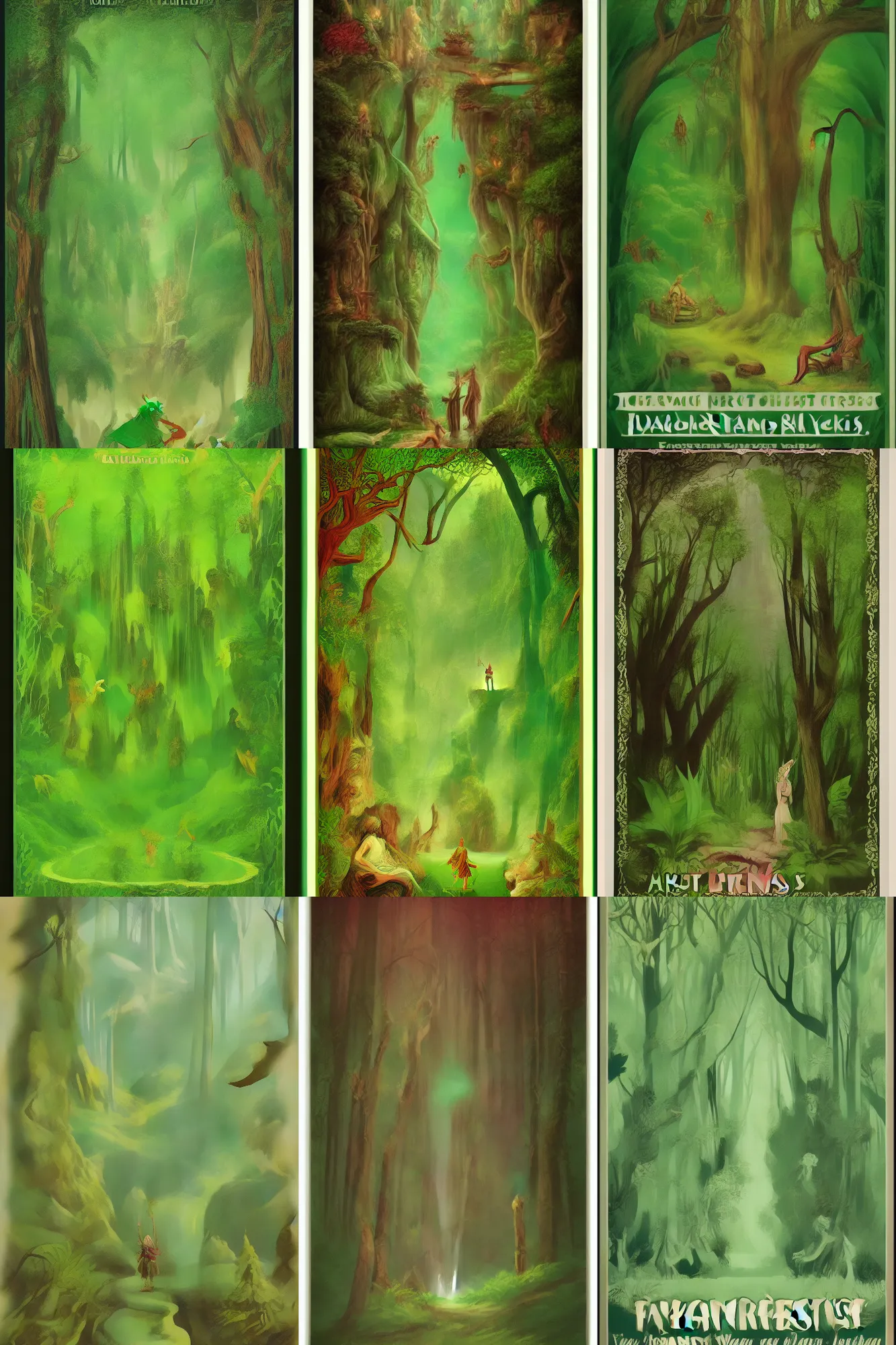 Image similar to vintage travel poster for a fantasy forest, elves are the main focus, green tones, printed