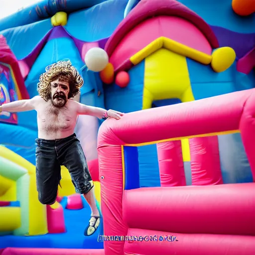 Image similar to peter dinklage jumping in a bouncey castle at a birthday party, ( sony a 7 r iv, symmetric balance, polarizing filter, photolab, lightroom, 4 k, dolby vision, photography awardm, voque, perfect face )