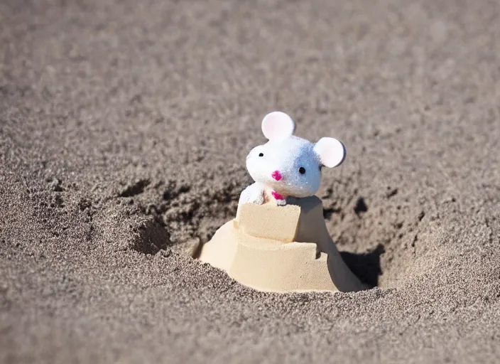 Image similar to dslr photo still of a cute little white mouse peaking out of a sand castle on wet sand in a bright sunny day, 8 k, 8 5 mm f 1. 4