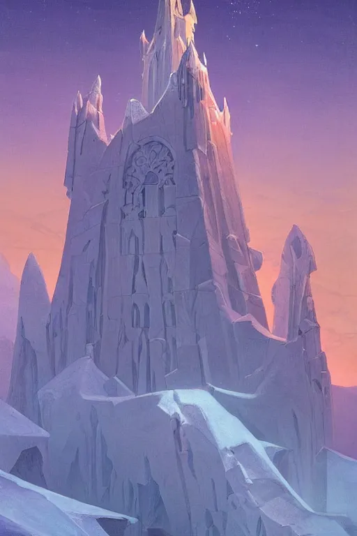 Prompt: tower of the ice king lit up at twilight, by Sylvain Sarrailh and Nicholas Roerich and jean delville and Tyler Edlin and William Dyce, dramatic cinematic lighting , beautiful garden, ornate carved architecture, smooth, sharp focus, extremely detailed