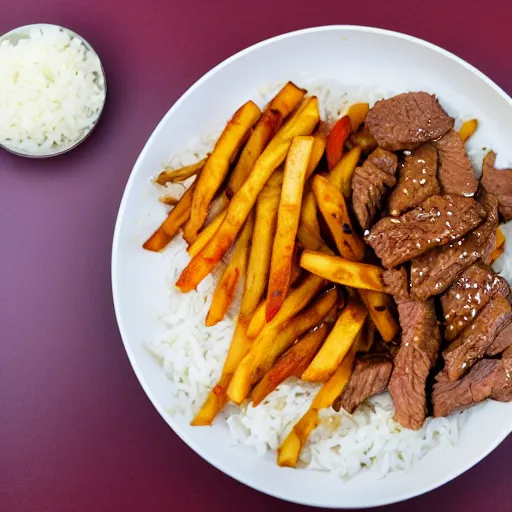 Prompt: dslr food photograph of stir fried beef, mixed with tomato wedges and french fries, with white rice on the side, 8 5 mm f 1. 8