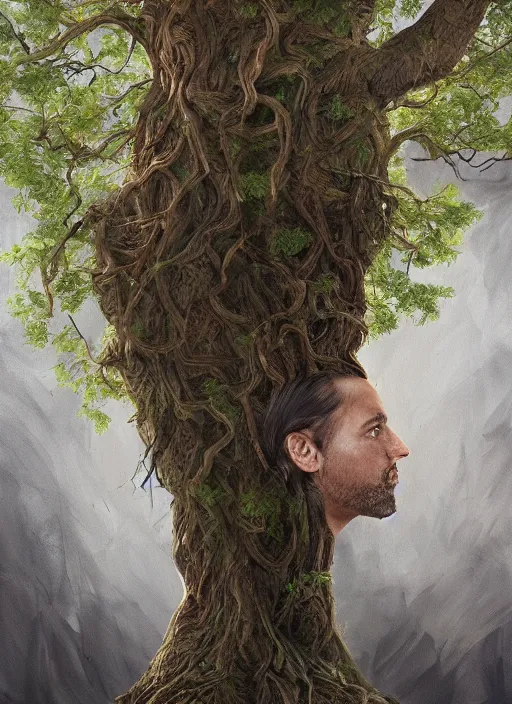 Prompt: a tree in the shape of a man’s face, his dreaded hair is the limbs and roots, epic painting, artstationHD