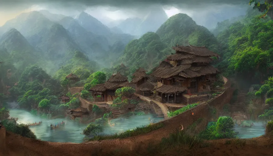 Image similar to matte painting of a beautiful tai lue village, digital art, trending on artstation