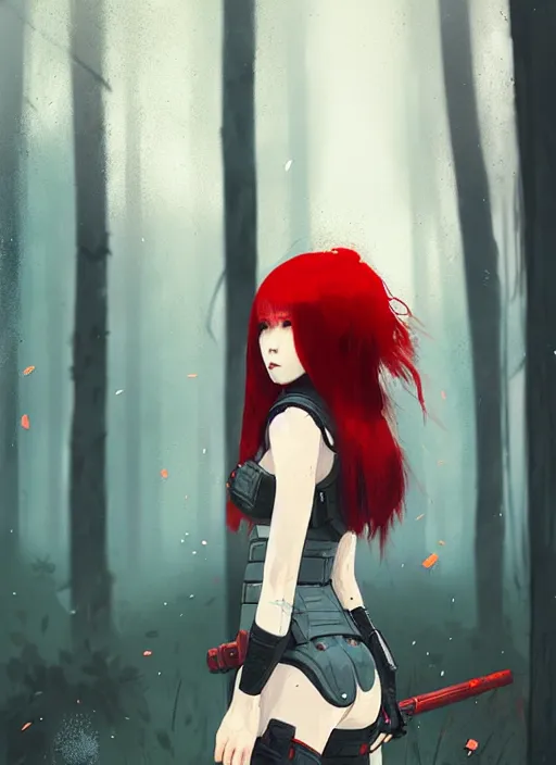 Image similar to red haired japanese girl, armored, midfigure, grey forest background, by ismail inceoglu