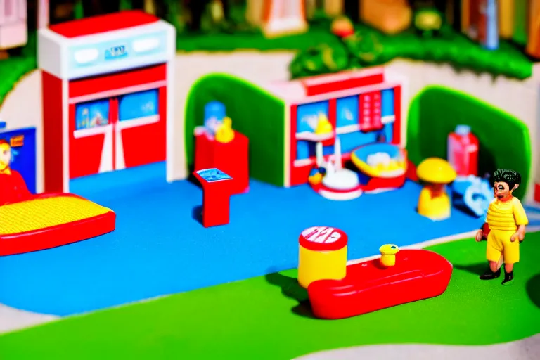 Prompt: fisher price bathhouse, california scene from tv show hyper detailed 5 5 mm 8 5 mm, toy photography, made out of plastic