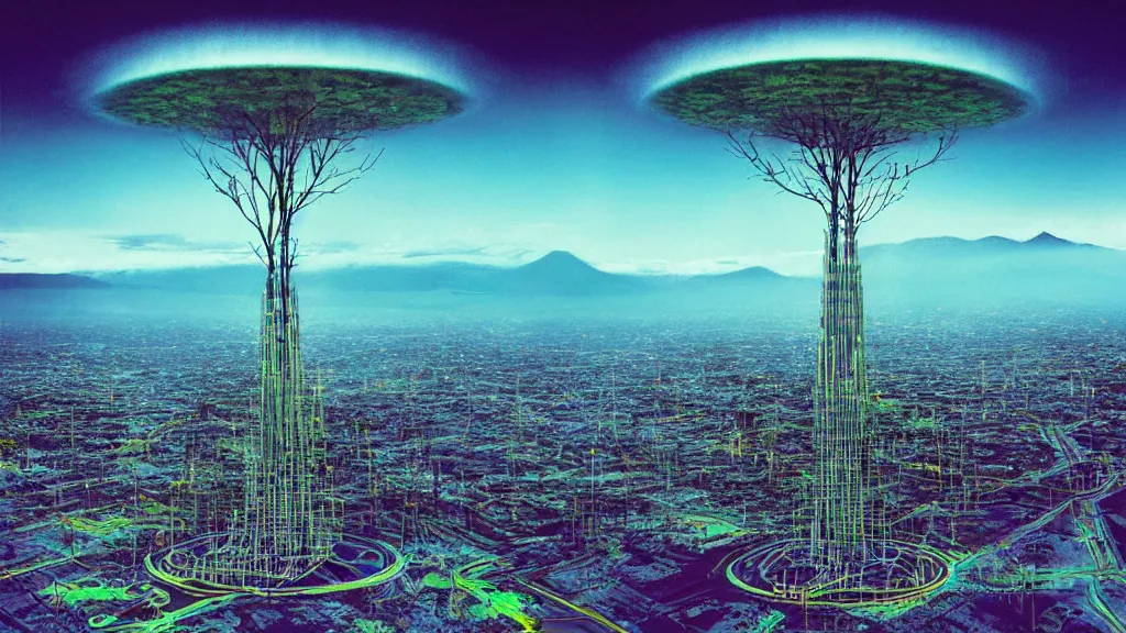 Image similar to Nuclear Nature harmony, a drone shot of Techno-Tree Covered Future version of the City Quito, Ecuador; by Oswaldo Moncayo; oil on canvas; by Beeple