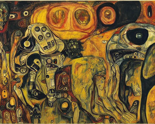 Prompt: a painting of a aliens and robots by graham sutherland, egon schiele, gustav klimt, edvard munch, expressionism