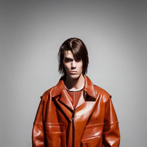 Prompt: an award - winning hd photo of a male model wearing a baggy designer medieval cropped leather menswear jacket by raf simons, 4 k, studio lighting