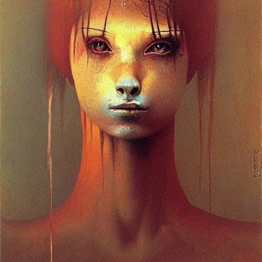 Prompt: portrait painting of wolf (girl) by Beksinski