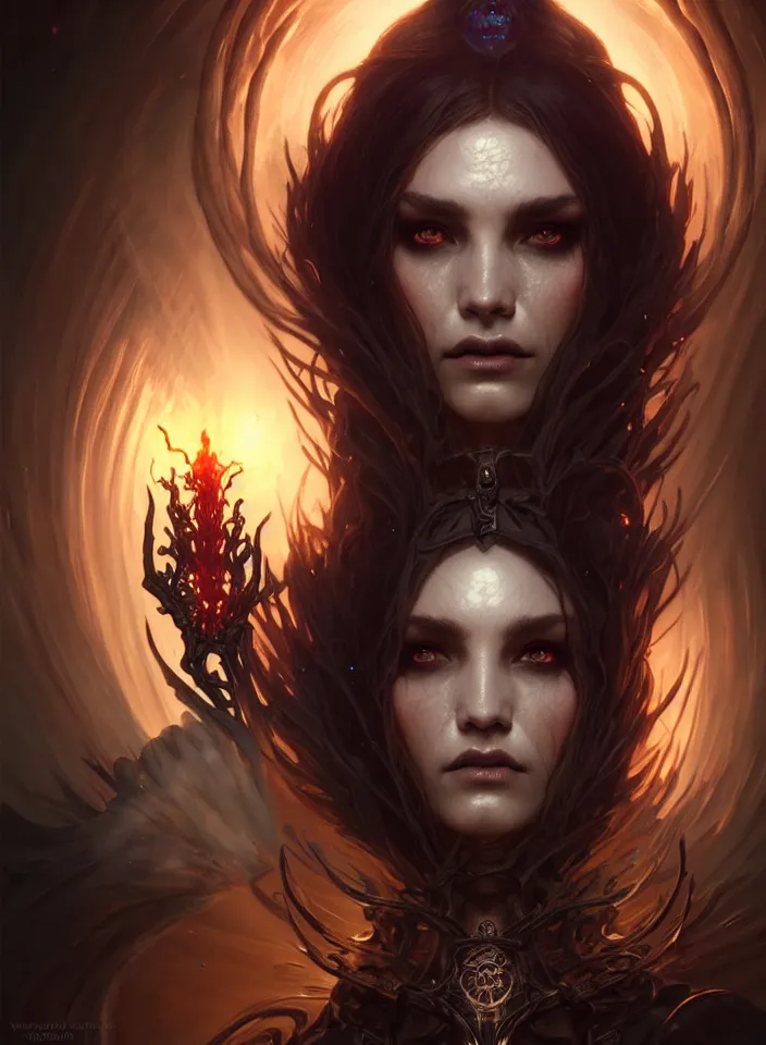 Image similar to Necromancer Sorceress face in center, fantasy magic, undercut hairstyle, dark light night, intricate, elegant, sharp focus, illustration, highly detailed, digital painting, concept art, matte, art by WLOP and Artgerm and Greg Rutkowski and Alphonse Mucha, masterpiece