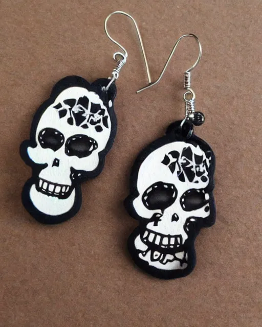 Image similar to spooky cartoon skull, 2 d lasercut earrings, in the style of tim burton