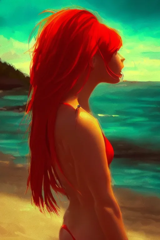 Image similar to red haired girl, green bikini, beach surreal photography, sunrise, dramatic light, impressionist painting, colorful clouds, digital painting, artstation, simon stalenhag