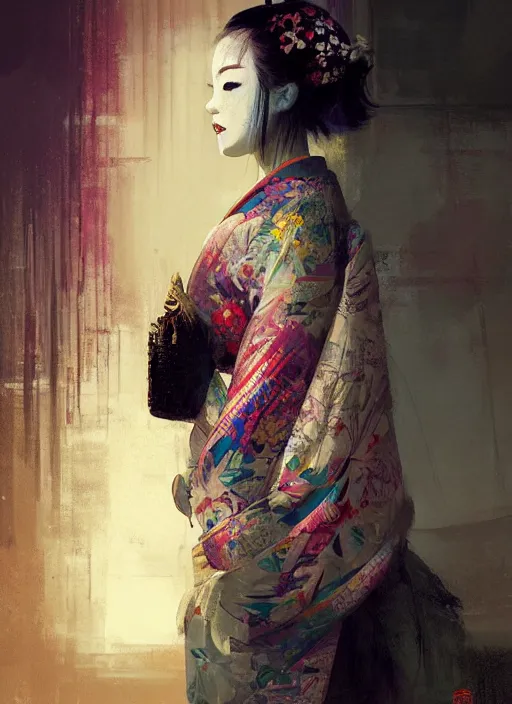 Image similar to female geisha girl, beautiful face, colourful, rule of thirds, intricate outfit, spotlight, by greg rutkowski, by jeremy mann, digital painting