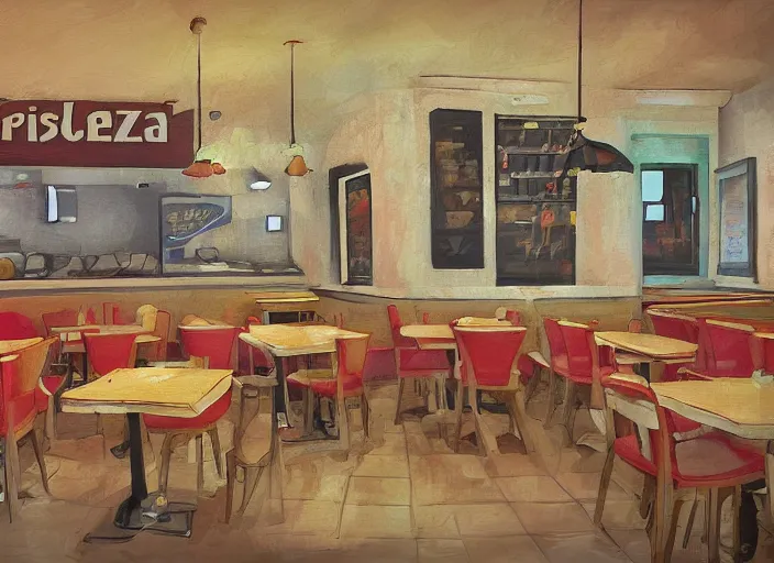 Prompt: digital painting of the inside of a pizzeria in italy,