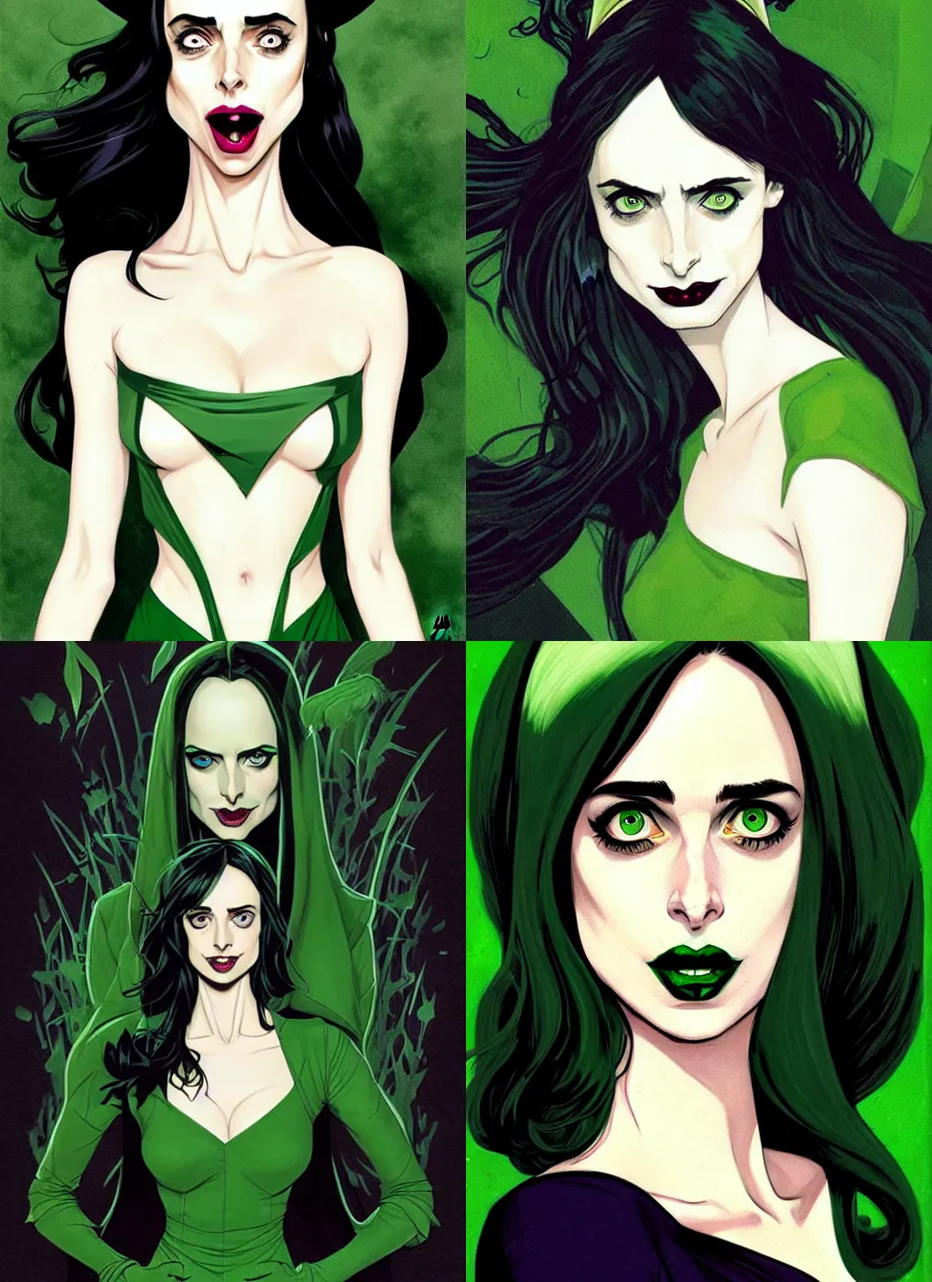 Prompt: Female beautiful witch Krysten Ritter, style of Joshua Middleton comic book art Nick Dragotta comic art, black and green eyes, symmetrical face, symmetrical eyes, scary smile, full body, dark green dress, no long neck, full body