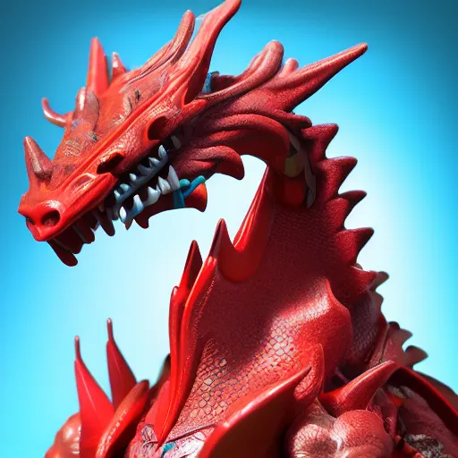 Image similar to closeup 3 d toy chinese bestiary dragon as funco toy, war cry, plastic, sss, octane 4 k render, studio lighting, artstation, cyan photographic backdrop, 1 0 5 mm, f 2. 8 aperture