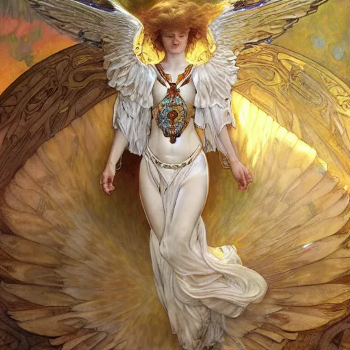 Image similar to white ox with angelic wings, drawn by Donato Giancola and Artgerm, Light by Julie Bell, design by alphonse mucha, background by James Jean and gustav klimt and John Marshall Gamble, 4k, volumetric lighting, french nouveau, trending on artstation, octane render, hyperrealistic