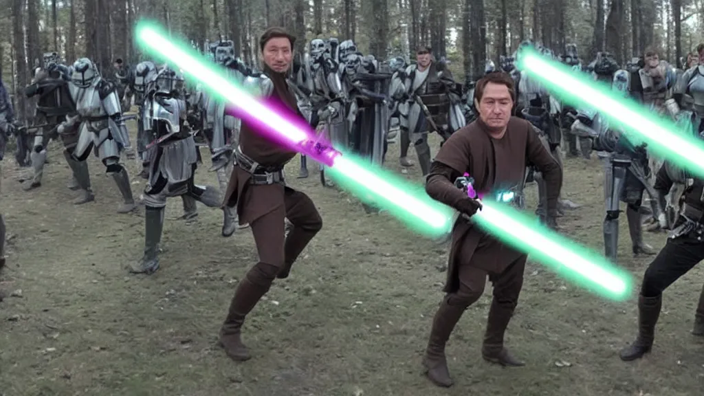 Image similar to jedi battle of zelensky against putin, in the style of star wars