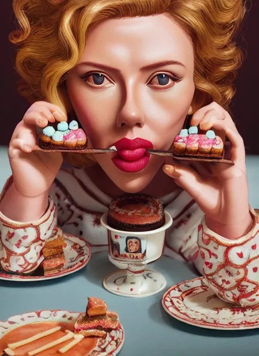 Image similar to closeup portrait of tin toy scarlett johansson eating cakes, depth of field, zeiss lens, detailed, symmetrical, centered, fashion photoshoot, by nicoletta ceccoli, mark ryden, lostfish, earl nore, hyung tae, frank frazetta, breathtaking, 8 k resolution, extremely detailed, beautiful, establishing shot, artistic, hyperrealistic, octane render