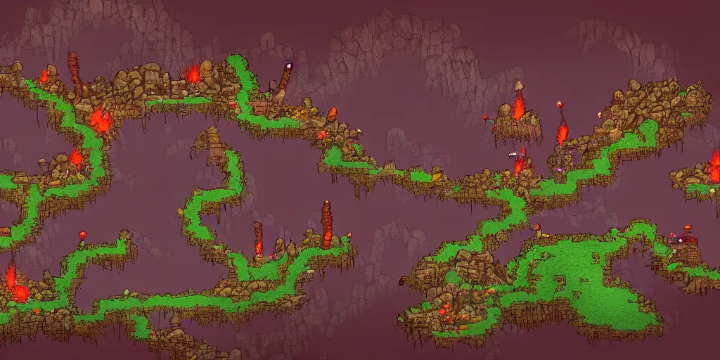 Prompt: Terraria underworld caverns, flowing lava and ash piles, Artstation